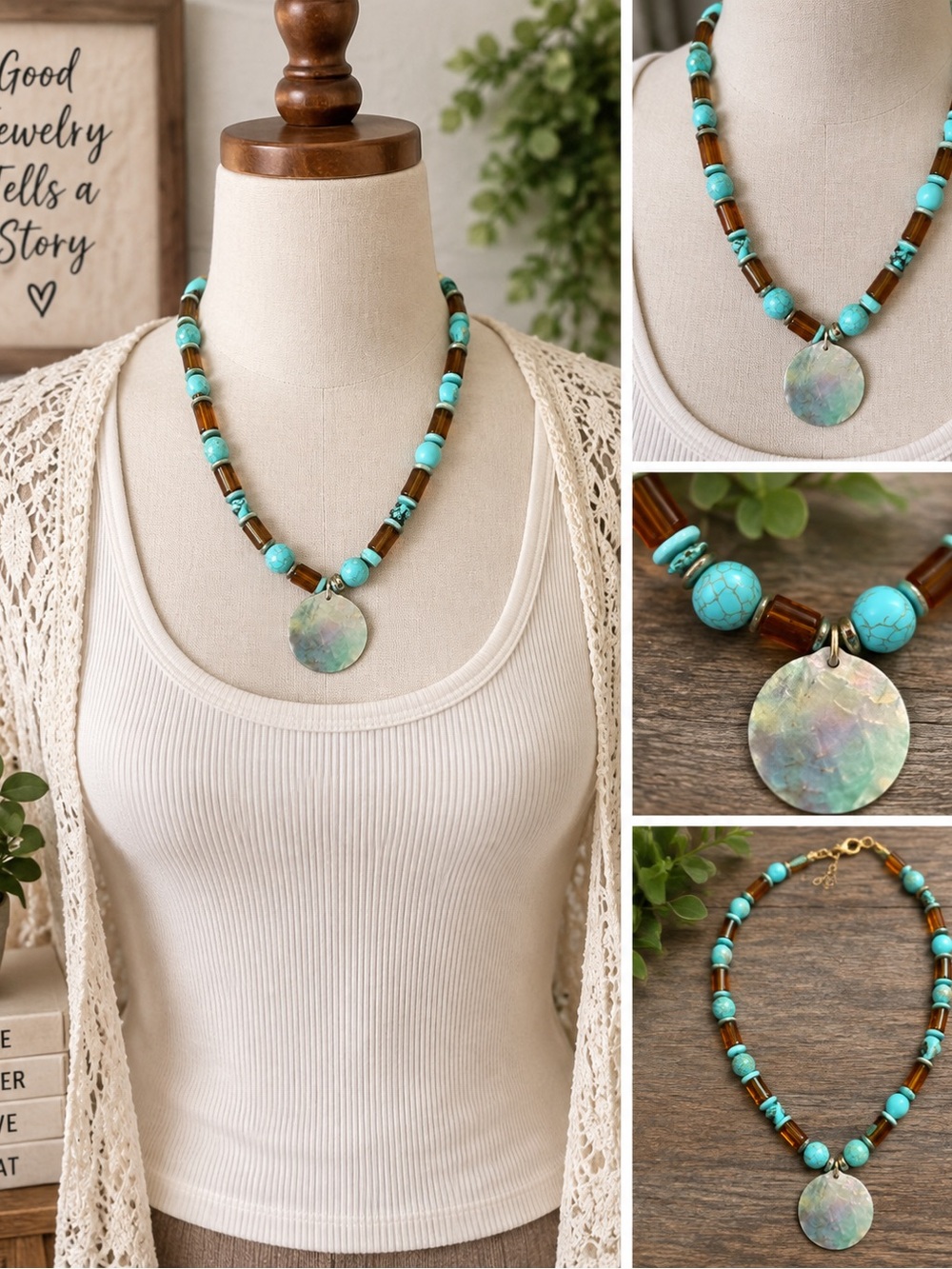 Turquoise and Brown Beaded Disc Necklace